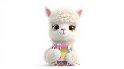 Cute 3D Fluffy White Alpaca Character Holding a Colorful Patterned Blanket on White Background