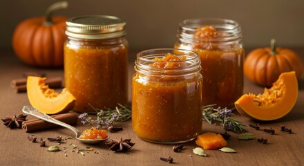 Pumpkin jam in jars with pumpkin slices and spices on wooden table  