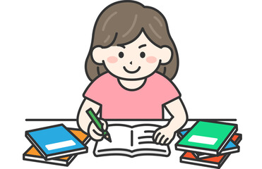 受験勉強｜やる気を出して、机で試験勉強する女性のイラスト