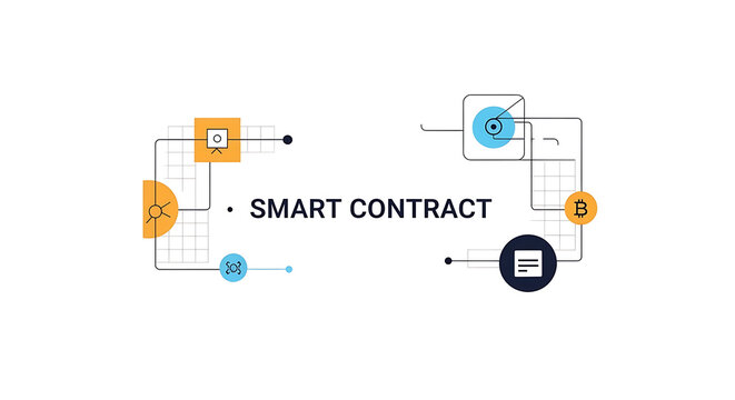 Illustration of smart contract concept with connected icons and text on a white background ai generated
