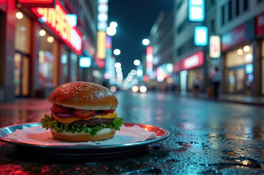 Gourmet burger on tray in vibrant urban night street scene with neon lights