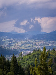 A breathtaking view of a lush green forest and a misty mountain peak, framed by vibrant foliage,...
