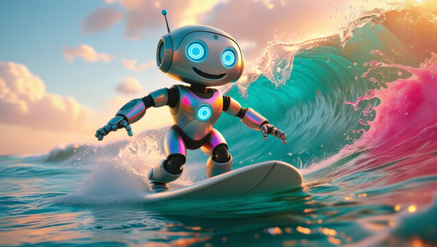 Smiling cute robot riding a surfboard on a vibrant ocean wave with splashes of colorful water under a bright sky
