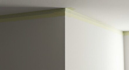 Corner of a room with painter's tape along the ceiling edge  