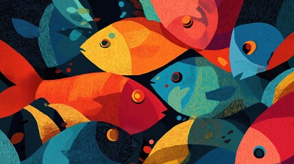 Abstract underwater scene with oversized fish shapes and bold colors.