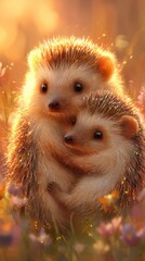 two hedgehogs hugging each other, cute illustration in warm colors