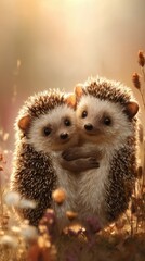 two hedgehogs hugging each other, cute illustration in warm colors