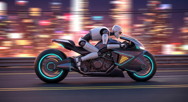 Futuristic white robot riding a high-speed motorcycle with glowing neon wheels through a vibrant city at night