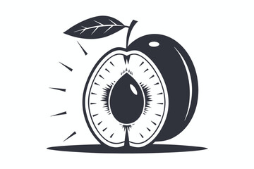 Sliced Plum with Seed, Leaf & Stem on White Background