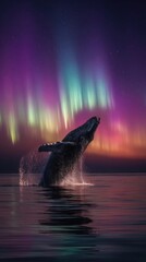 whale jumps out of water against northern lights backdrop