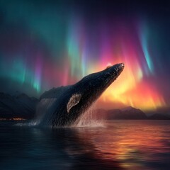 whale jumps out of water against northern lights backdrop