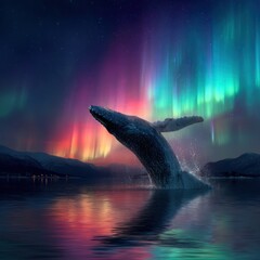 whale jumps out of water against northern lights backdrop