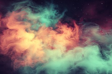 Naklejka premium Abstract swirling smoke in teal, orange, and pink hues against a starry night sky