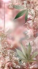 soft pink pastel background with cannabis leaves and gypsophila with space for text
