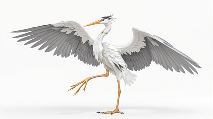Graceful Grey Heron with Wings Outstretched, Balancing on One Leg, Isolated on White