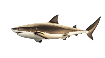 Powerful great white shark swimming with open mouth and sharp teeth isolated on white background
