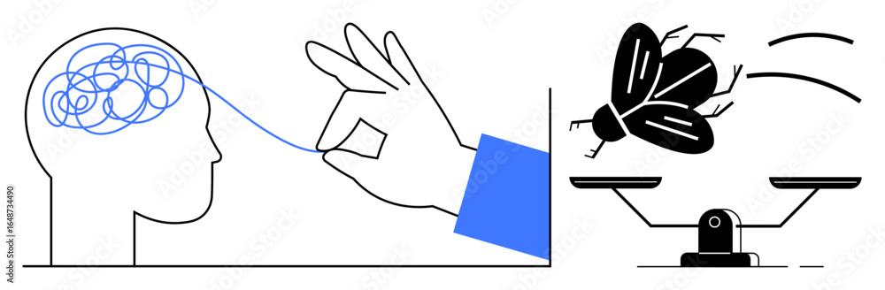 Poster hand untangles thoughts, pulling a thread from a tangle in the brain. a fly balances on scales. idea