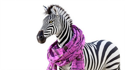 Fashionable Zebra Wearing Vibrant Purple Scarf Against White Background
