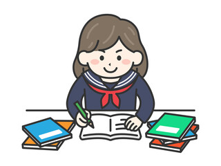 受験勉強｜やる気を出して試験勉強する、学生服を着た女性のイラスト
