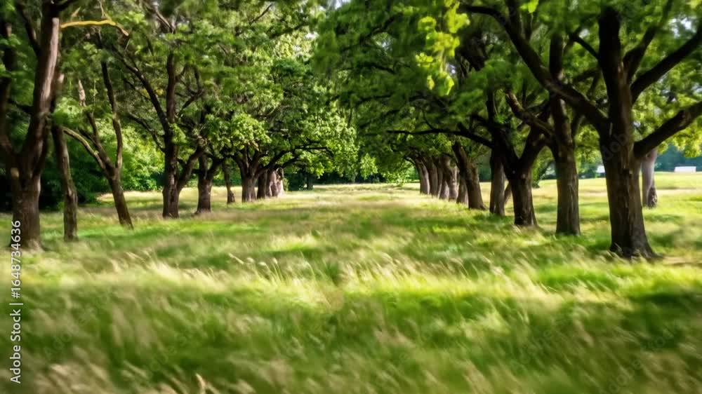 Aufkleber lush green meadow with tall grass and rows of trees creating a natural tunnel on a sunny day in a pe