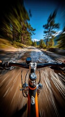 Control of a classic mountain bike filmed from the driver's point of view, the bike rushes at great speed on a wet road along a river, forest and mountains around