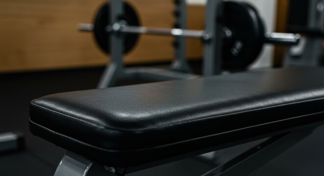 Weight bench in modern gym with barbell equipment in background  