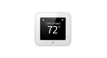 A white thermostat displaying seventy two degrees fahrenheit on a black screen on a white background ai generated