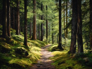 Fototapeta premium Sunlight filters through tall trees onto a winding forest path