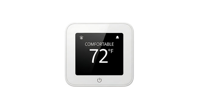 A white thermostat displaying seventy two degrees fahrenheit on a black screen on a white background ai generated