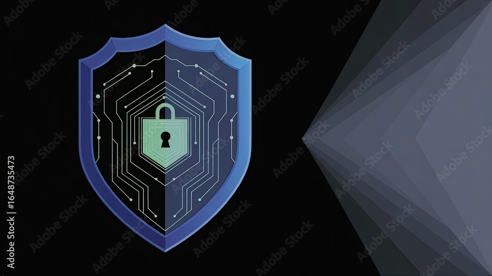 Poster digital fortress: a high-tech shield with an integrated lock symbolizes secure data protection in a 