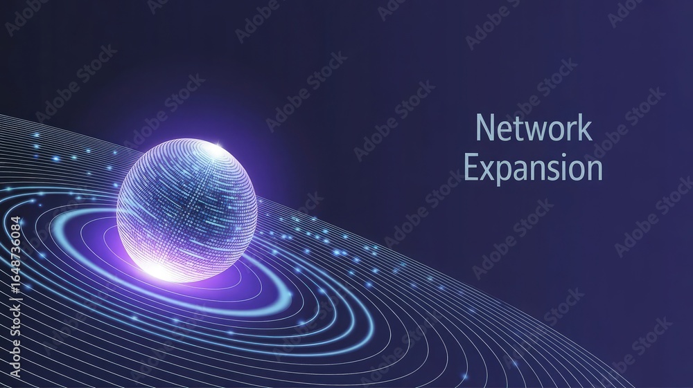Poster network expansion: the image depicts a futuristic digital globe surrounded by concentric circles and