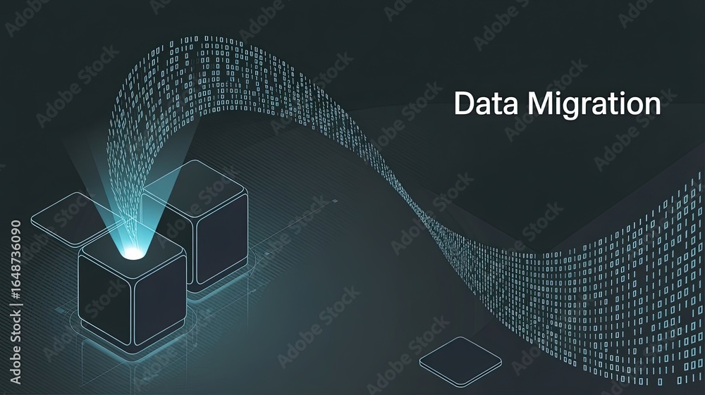 Poster data migration concept: an illustrative depiction of data migration with digital streams flowing fro