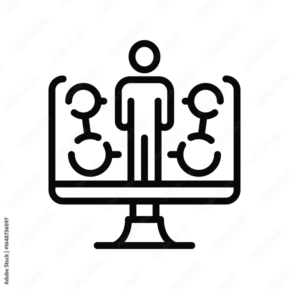 Poster a blackandwhite line drawing shows a computer monitor displaying a video conference. editable stroke