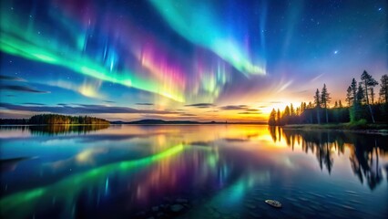 Serene Sunset with Vibrant Aurora Borealis Reflection on Calm Water