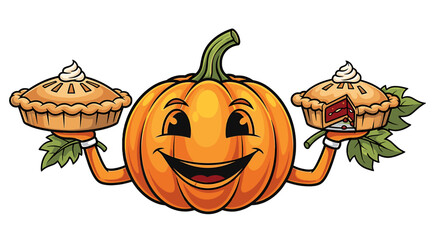 A smiling pumpkin character holds two delicious pumpkin pies, ready to be enjoyed.