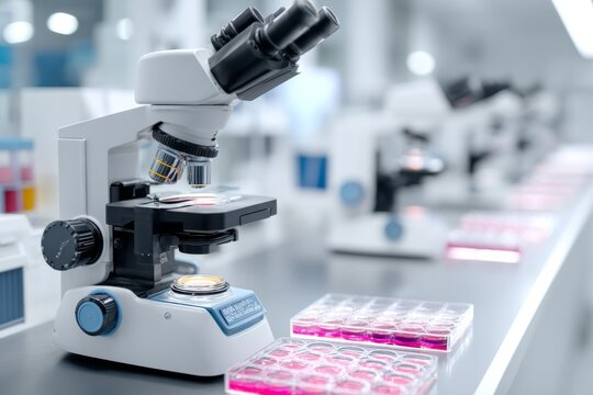 A pathology lab with microscopes and sample trays An AI program is analyzing tissue samples for diagnosis The mood feels careful and methodical, Generative AI 