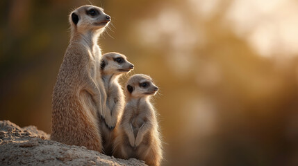 Vivid wildlife photograph capturing a group of meerkats in their natural habitat showcasing social behavior alertness and adorable family interactions under bright sunlight