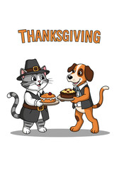 Cartoon cat and dog in pilgrim costumes sharing Thanksgiving pies.
