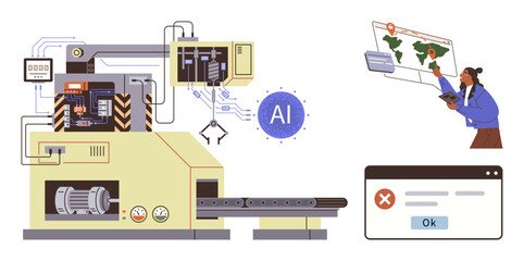 Automated machine with robotic arm, AI processing, map visualization, human interaction, and error message. Ideal for AI, automation, manufacturing, robotics data processing human-machine