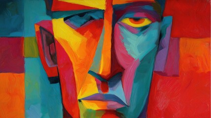 Cubist-inspired portrait with bold primary colors and sharp lines.