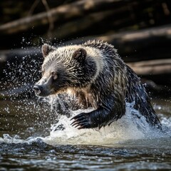 Powerful grizzly bear charging through water spraying droplets