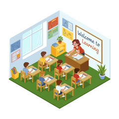 Students actively engaged in a classroom learning environment with a teacher guiding them at a school setting