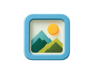 Light-blue square icon, framed, depicting a landscape with mountains and sun