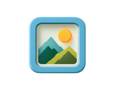 Light-blue square icon, framed, depicting a landscape with mountains and sun