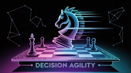 Fototapeta premium Strategic Decision: Illuminated chessboard composition, with chess pieces representing complex business strategies, decision agility, and futuristic concept, inspiring innovative solutions.