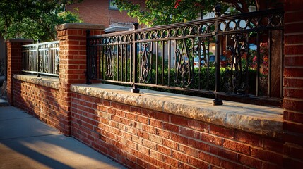 A charming brick wall with ornate black iron railing bathed in warm sunlight, creating a serene urban atmosphere.
