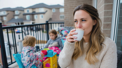 Relaxed young woman enjoying a coffee on urban balcony during outdoor morning casual lifestyle shot capturing leisure comfort happiness and scenic scenery