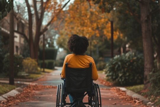 Black girl on wheelchair sitting autumn architecture.