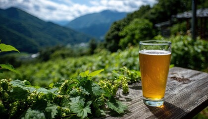 Golden beer glass on rustic wooden table, mountain backdrop