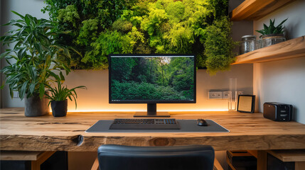 Fototapeta premium Stylish home office setup with computer on wooden desk and vertical garden wall